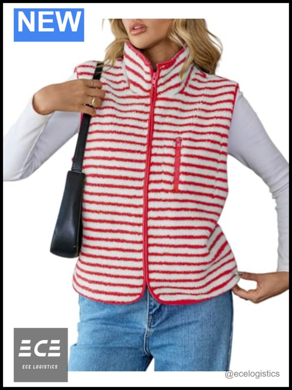 Womens Striped Sherpa Fleece Vest High Neck Zip Up Sleeveless Warm Outwear